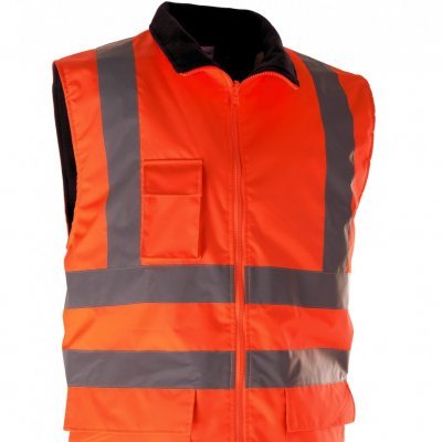 Colete de segurança laranja com riscas refletoras cinzentas