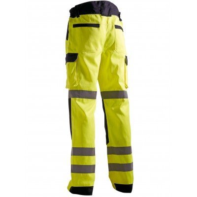 Calças de trabalho amarelo fluorescente com faixas refletoras cinzentas e detalhes em preto