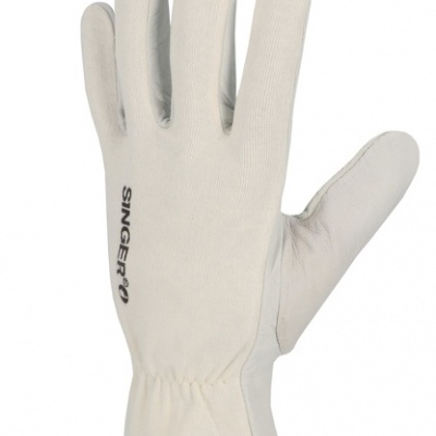 Luva branca de tecido com palma em couro e texto SINGER