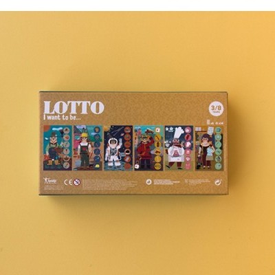 Jogo de tabuleiro Lotto I want to be com cartas coloridas e caixa castanha num fundo amarelo
