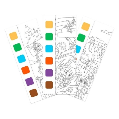 Três folhas de colorir infantis com paletas de cores ao lado.