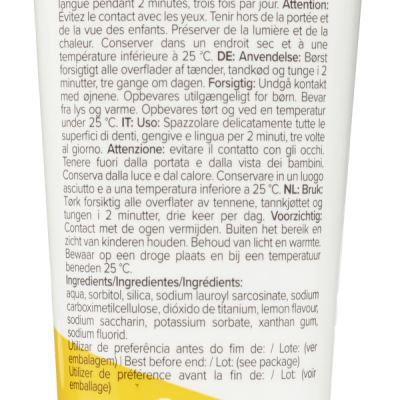 Tubo plástico branco e amarelo com texto informativo e código de barras