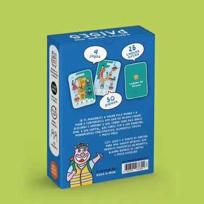 Caixa azul de jogo educativo com texto em português e ilustração de vaca vestindo roupa casual