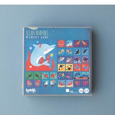 Embalagem de jogo de memória CLEAN ANIMALS MEMORY GAME com ilustrações de animais marinhos em quadrados coloridos