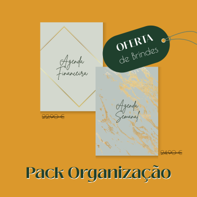 Imagem promocional com duas agendas cinza claro e padrão mármore dourado em fundo laranja e etiqueta verde com oferta