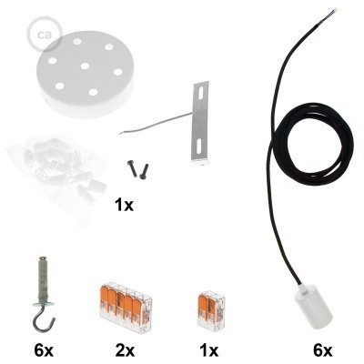 Kit com suportes metálicos, parafusos, ganchos, conectores e cabo preto com componentes brancos.