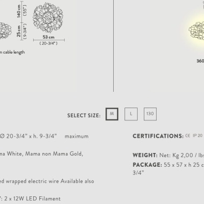 Ilustrações técnicas e especificações de candeeiro de teto em várias cores e medidas.