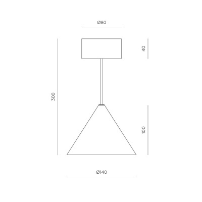 Desenho técnico de candeeiro suspenso com medidas em milímetros.