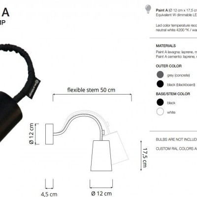 Lâmpada de parede preta Paint A com interior verde, haste flexível e dimensões especificadas.