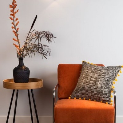 Cadeira laranja com almofada cinza e mesa com vaso preto e ramos secos em ambiente interior