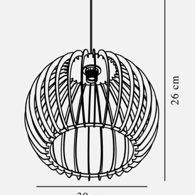 Candeeiro de suspensão esférico feito de ripas curvas em linha preta, com 30 cm de diâmetro e 26 cm de altura