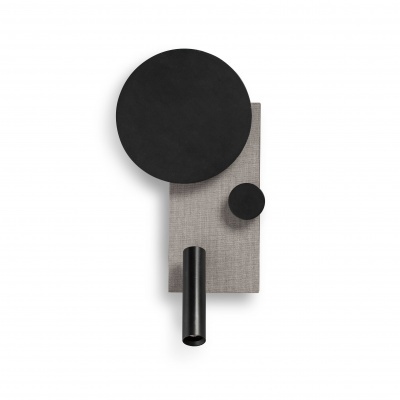 Decoração geométrica com formas circulares pretas e base retangular cinzenta