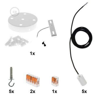 Conjunto de acessórios para instalação elétrica com base branca, suporte metálico, terminais laranja e cabo negro