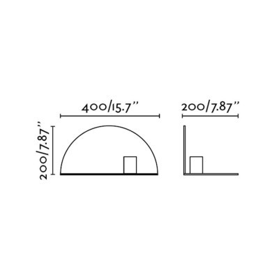 Desenho técnico de semi-esfera com dimensões em milímetros e polegadas