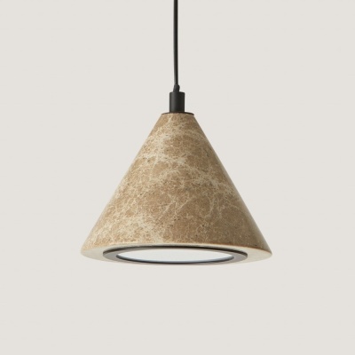 Candeeiro suspenso cónico bege marmoreado com estrutura preta