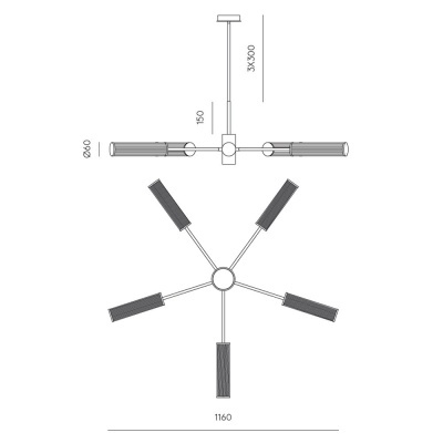 Desenho técnico de candeeiro de teto com cinco braços ajustáveis e dimensões