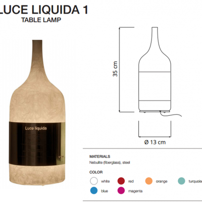 Candeeiro de mesa Luce Liquida 1 branco com faixa preta e texto Luce liquida