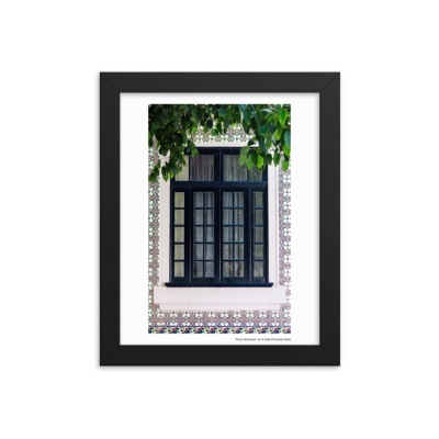 Fotografia emoldurada de janela com azulejos coloridos e folhas verdes