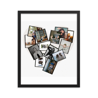 Moldura preta com várias fotografias dispostas em formato de coração