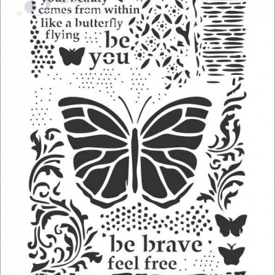 Stencil com desenhos de borboletas, padrões florais e textos inspiradores em preto sobre fundo branco