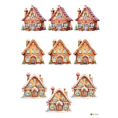 Nove casinhas natalícias decorativas em três filas, com diferentes cores e detalhes de neve.