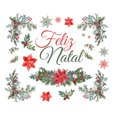 Decoração natalícia com texto 'Feliz Natal' e elementos naturais em fundo branco