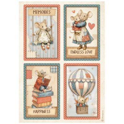 Quatro quadrados decorativos com ratinhos em estilo vintage e textos