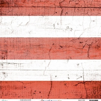 Papel decorativo com listras vermelhas e brancas, textura desgastada e etiquetas na parte inferior