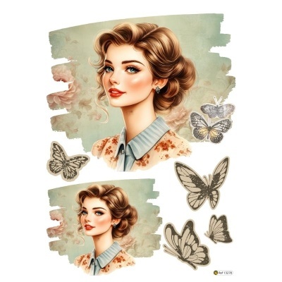 Ilustrações digitais de mulher com roupas florais e borboletas desenhadas em fundo verde