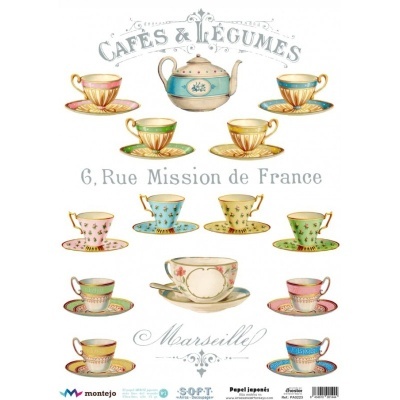 Ilustração de chávenas, pires e bule com texto em francês