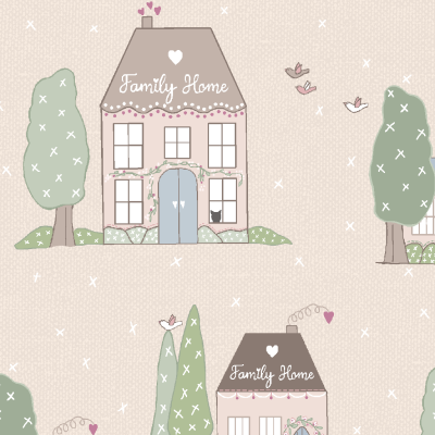 Padrão de casas lúdicas com texto Family Home, árvores e pássaros em tons pastel