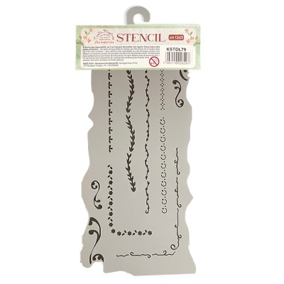 Stencil plástico cinzento com padrões decorativos pretos empacotado com etiqueta e gancho