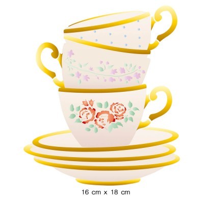 Três chávenas de chá empilhadas com padrões florais e dourados, sobre pires com borda dourada.