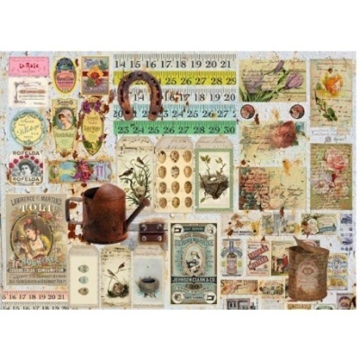 Colagem de etiquetas vintage, calendários antigos, ilustrações botânicas e objetos antigos como regador e ferradura