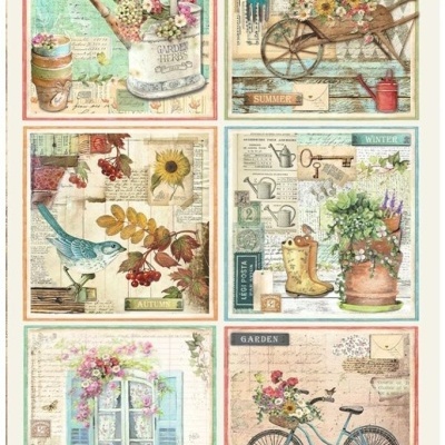 Seis ilustrações vintage com temas de jardinagem, natureza e estações do ano