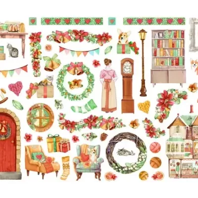 Desenhos em aquarela de móveis, decoração natalícia e pequenos objetos variados.