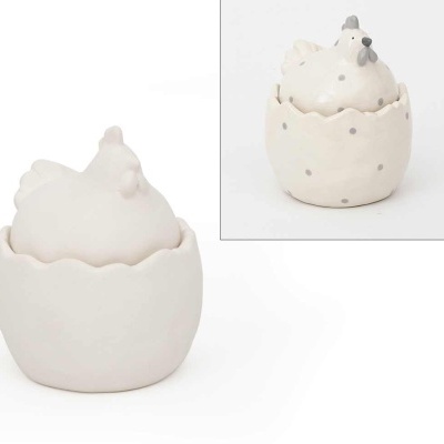 Caixas decorativas em cerâmica branca com formato de galinha e casca de ovo
