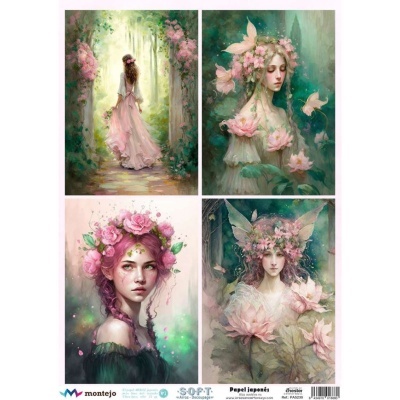 quatro pinturas digitais de mulheres em ambientes florais com tons rosa e verde