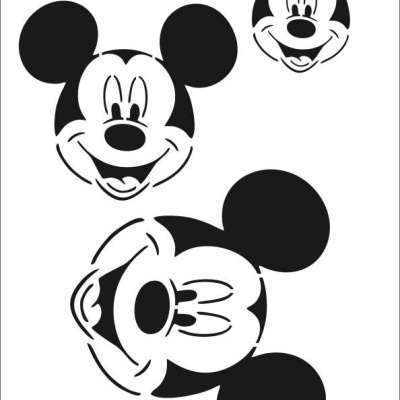 Stencil da cara do Mickey Mouse em preto sobre fundo branco com texto e número.