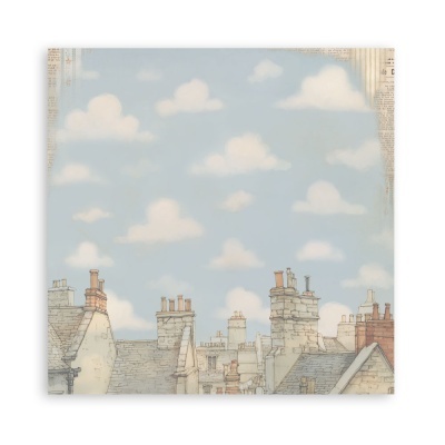 Ilustração de chaminés em prédios antigos com céu azul e nuvens brancas.