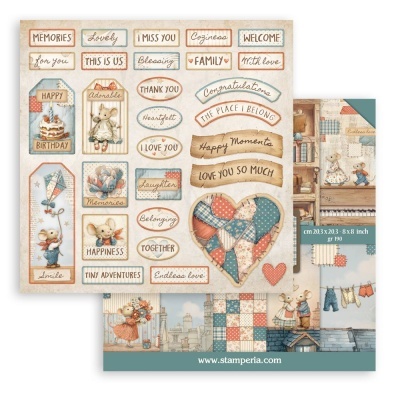 Folha de autocolantes com ratinhos, corações patchwork e palavras em inglês, estilo vintage