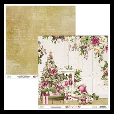 Folha dupla face para scrapbook com árvore de Natal e verso beje com escrita