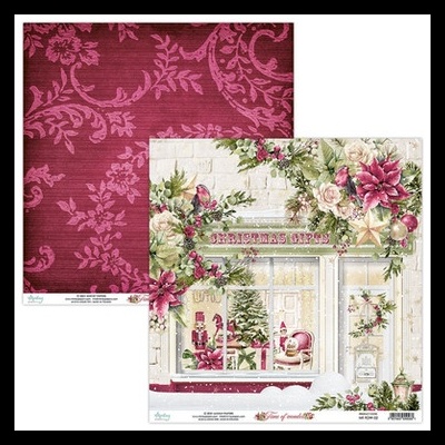 Papel de scrapbooking com padrão floral vermelho e decoração natalícia com texto CHRISTMAS GIFTS