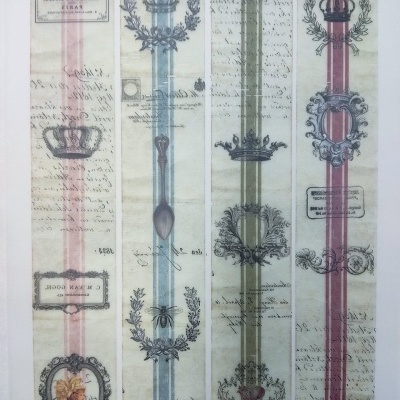 Tiras de tecido decorativo com padrões vintage, faixas coloridas e ilustrações de coroas