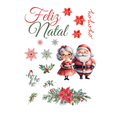 Ilustração com Pai Natal, senhora idosa, flores de natal, raminhos de azevinho, flocos de neve e textos festivos