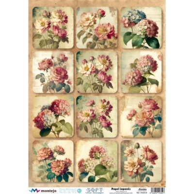 Papel japonês decorativo com ilustrações de flores em quadrados.