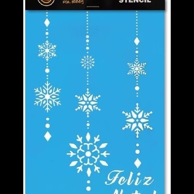 Stencil azul com flocos de neve brancos e texto 'Feliz Natal' em embalagem preta