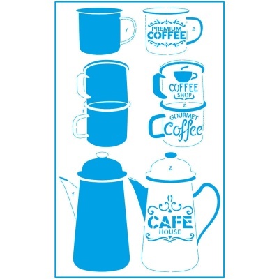 Conjuntos de bules e canecas de café com textos e padrões em azul e branco