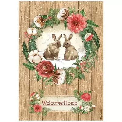 Cartaz decorativo com guirlanda verde, flores vermelhas, bollas de algodão, dois coelhos castanhos e texto Welcome Home