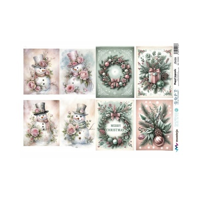 Etiquetas decorativas de Natal com desenhos de bonecos de neve, coroas e ramos de pinheiro em tons pastel